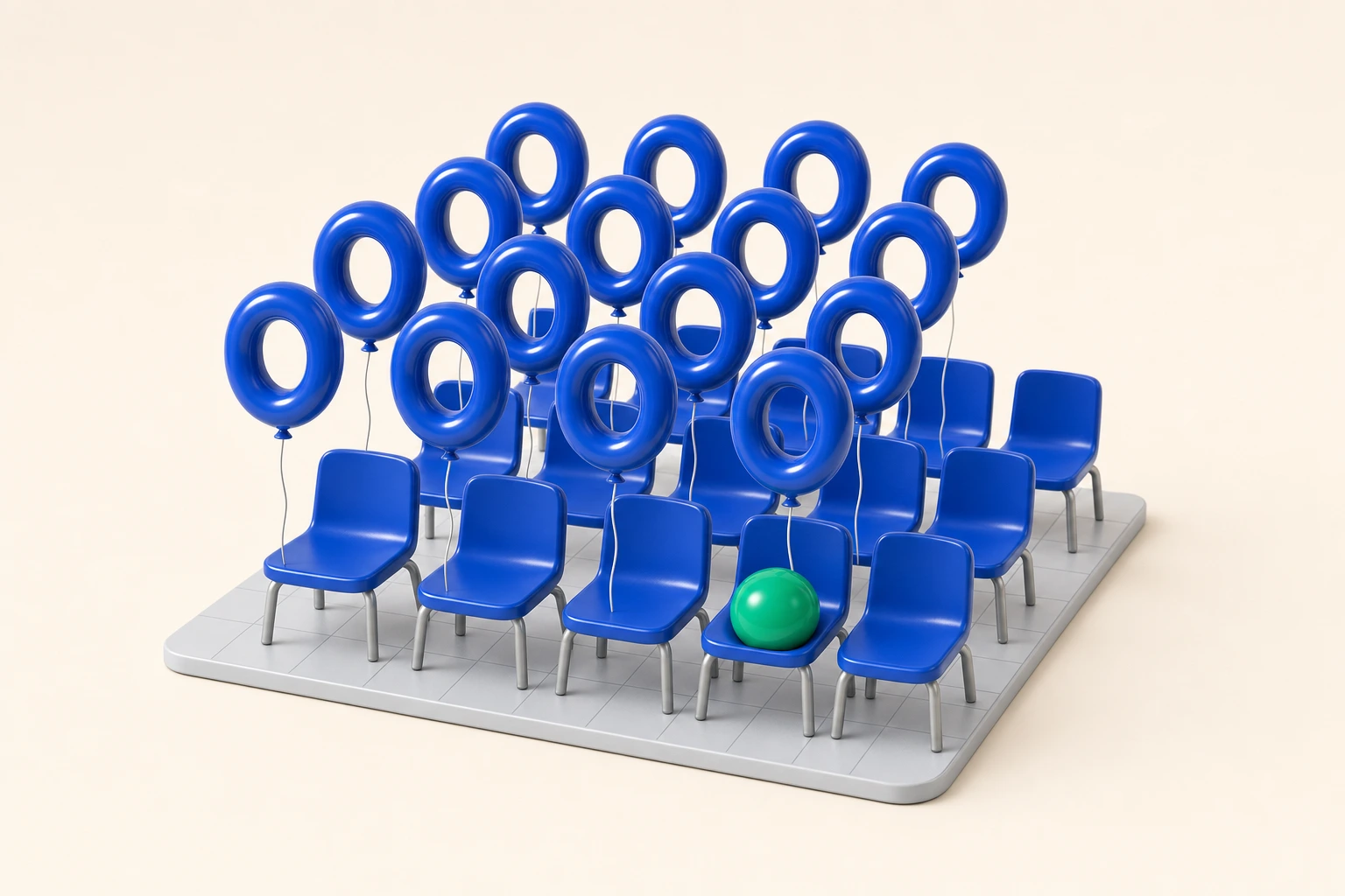 Rows of chairs holding hollow balloon shapes with one solid emerald sphere, illustrating bought members versus real community