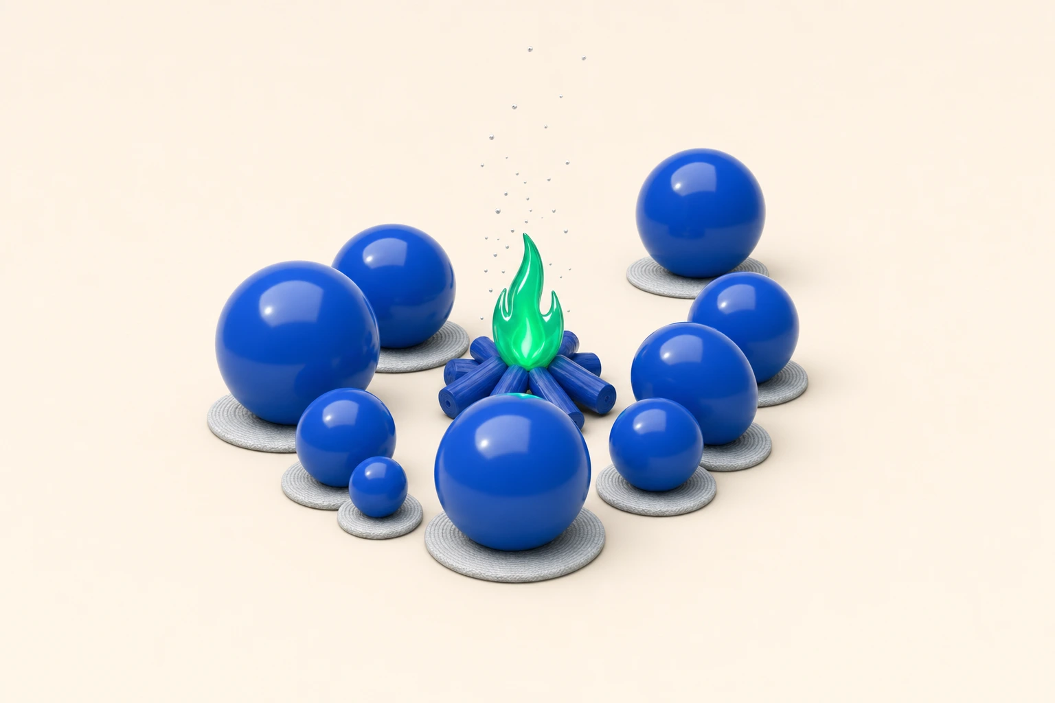 Spheres gathered around a campfire with an emerald flame, symbolising member engagement that keeps the group alive