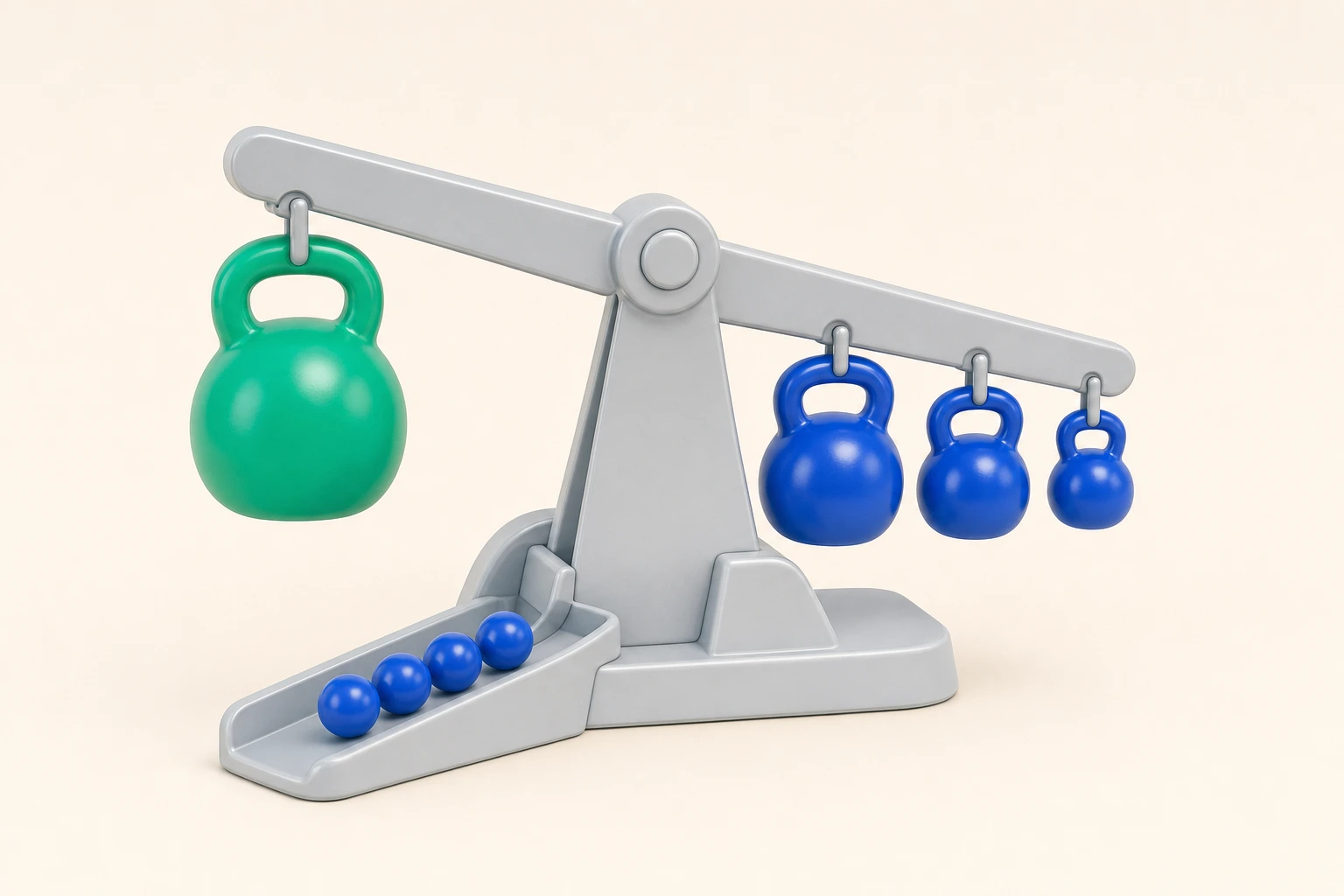 A balance mechanism with four graduated weights and five queued marbles, symbolising the Feed's four ranking signals and five predictions