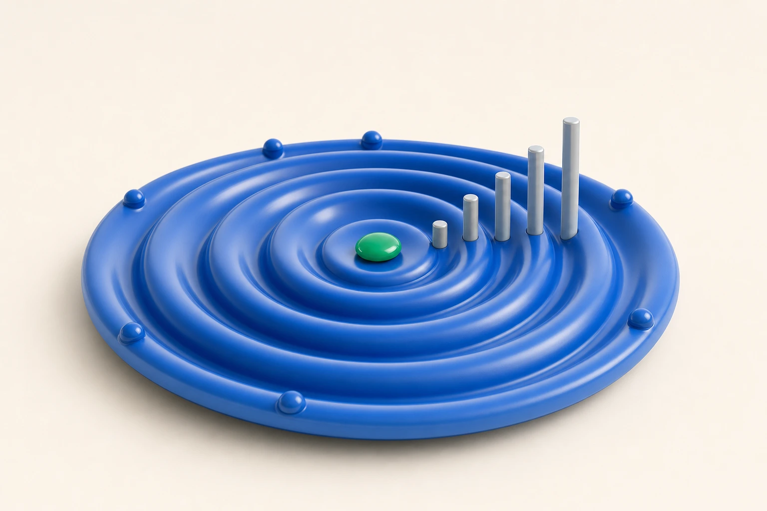 A small pebble sending ever-wider ripple rings outward past measuring rods, symbolising reels expanding to larger audiences in waves driven by engagement