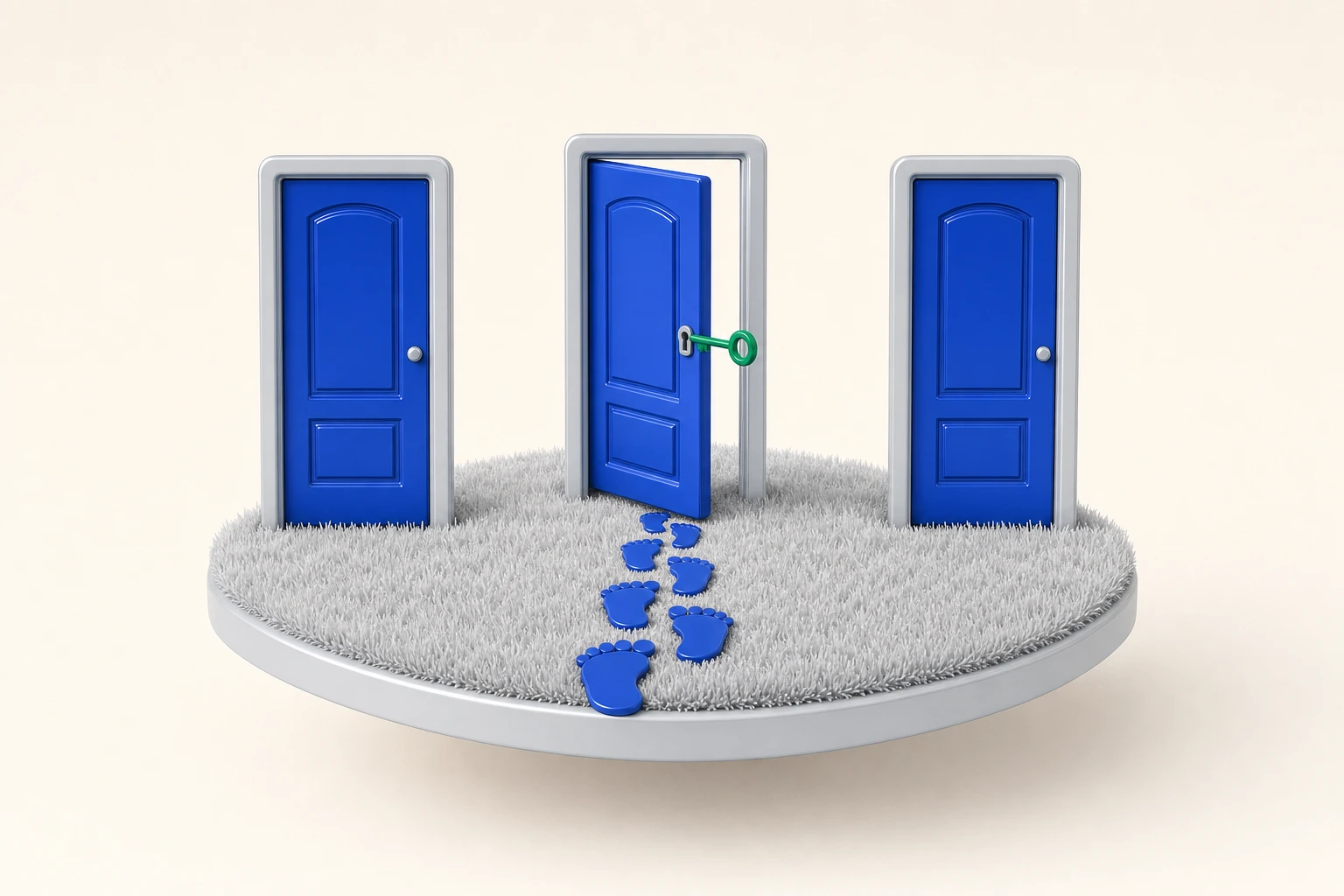 Three royal blue doors in a field; footprints lead to the one standing ajar with an emerald key, symbolising choosing the one channel where your customers actually are.