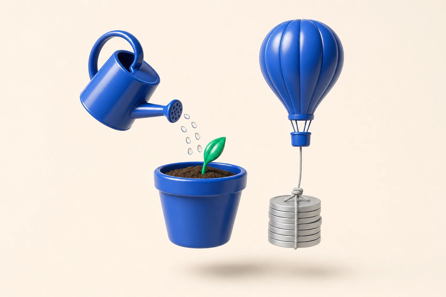 A watering can nurtures a plant with one emerald leaf beside a balloon tethered to a stack of coins, contrasting slow organic growth with paid reach that lasts only as long as the budget.