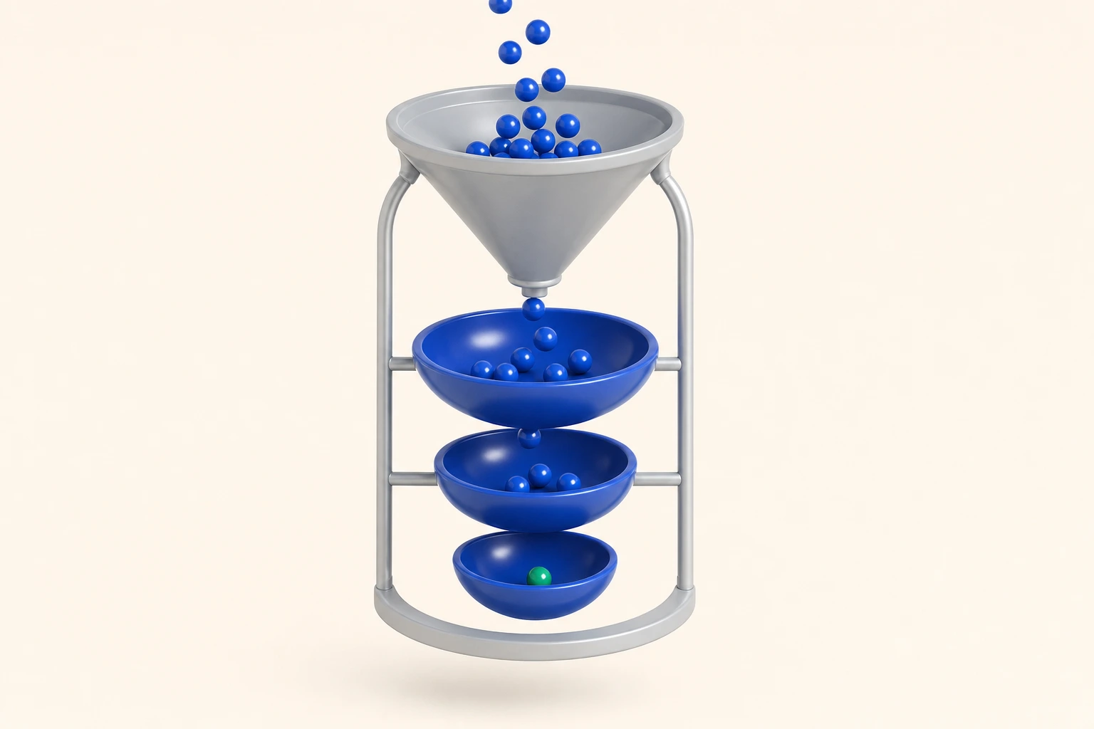 Marbles pour through a funnel into three shrinking bowls, with a single emerald marble in the last one, representing reach, response and inquiries as the three numbers that matter.